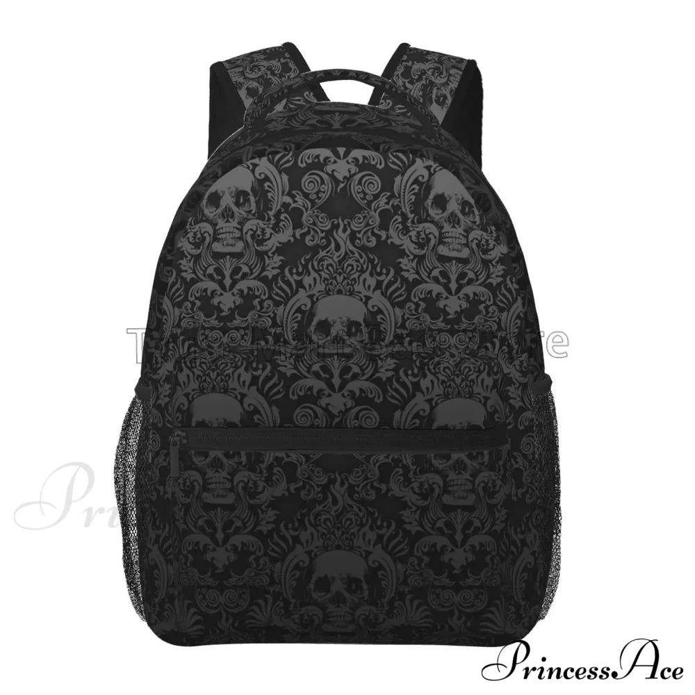 Goth Black Skull Damask Pattern Casual Unisex Travel Daypack Bag Halloween