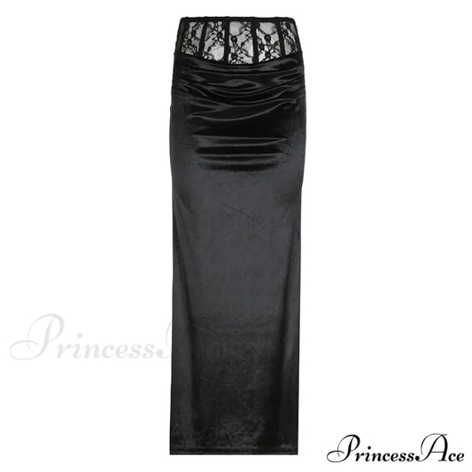 Goth Dark Elegant Mall Gothic Velvet Trumpet Y2K Partywear Lace Patchwork Sexy Long Skirt Black / S