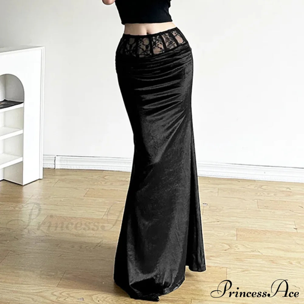 Goth Dark Elegant Mall Gothic Velvet Trumpet Y2K Partywear Lace Patchwork Sexy Long Skirt Halloween