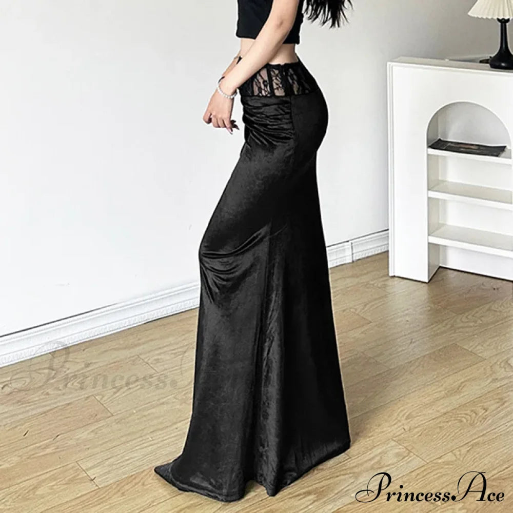 Goth Dark Elegant Mall Gothic Velvet Trumpet Y2K Partywear Lace Patchwork Sexy Long Skirt Halloween