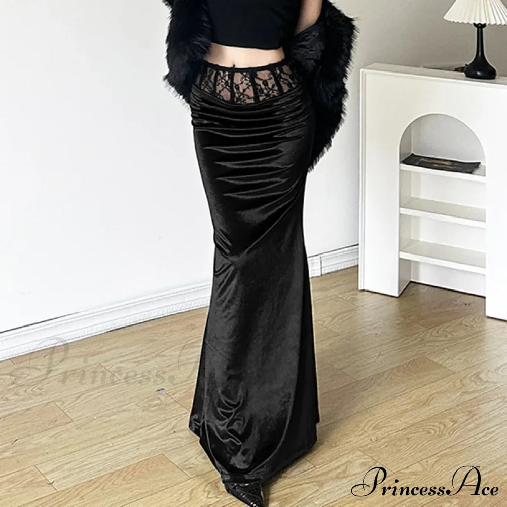 Goth Dark Elegant Mall Gothic Velvet Trumpet Y2K Partywear Lace Patchwork Sexy Long Skirt Halloween