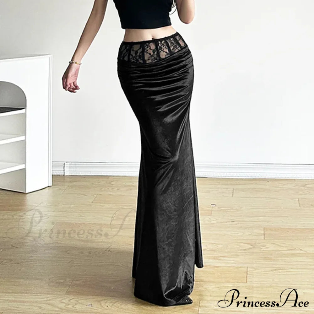 Goth Dark Elegant Mall Gothic Velvet Trumpet Y2K Partywear Lace Patchwork Sexy Long Skirt Halloween