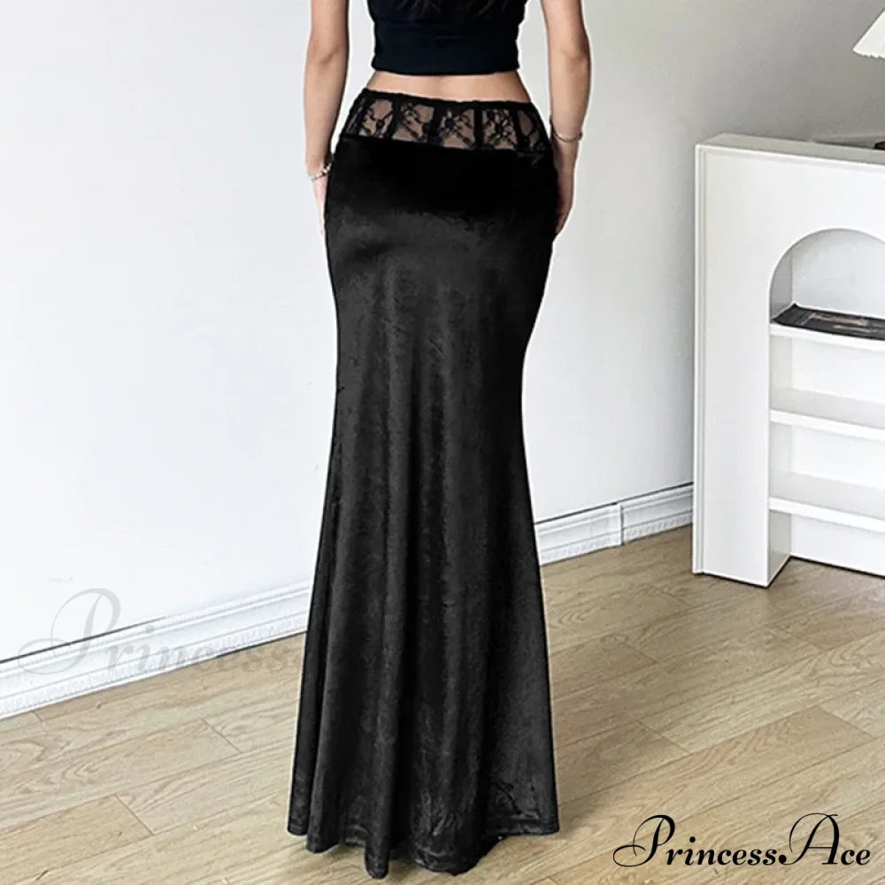 Goth Dark Elegant Mall Gothic Velvet Trumpet Y2K Partywear Lace Patchwork Sexy Long Skirt Halloween