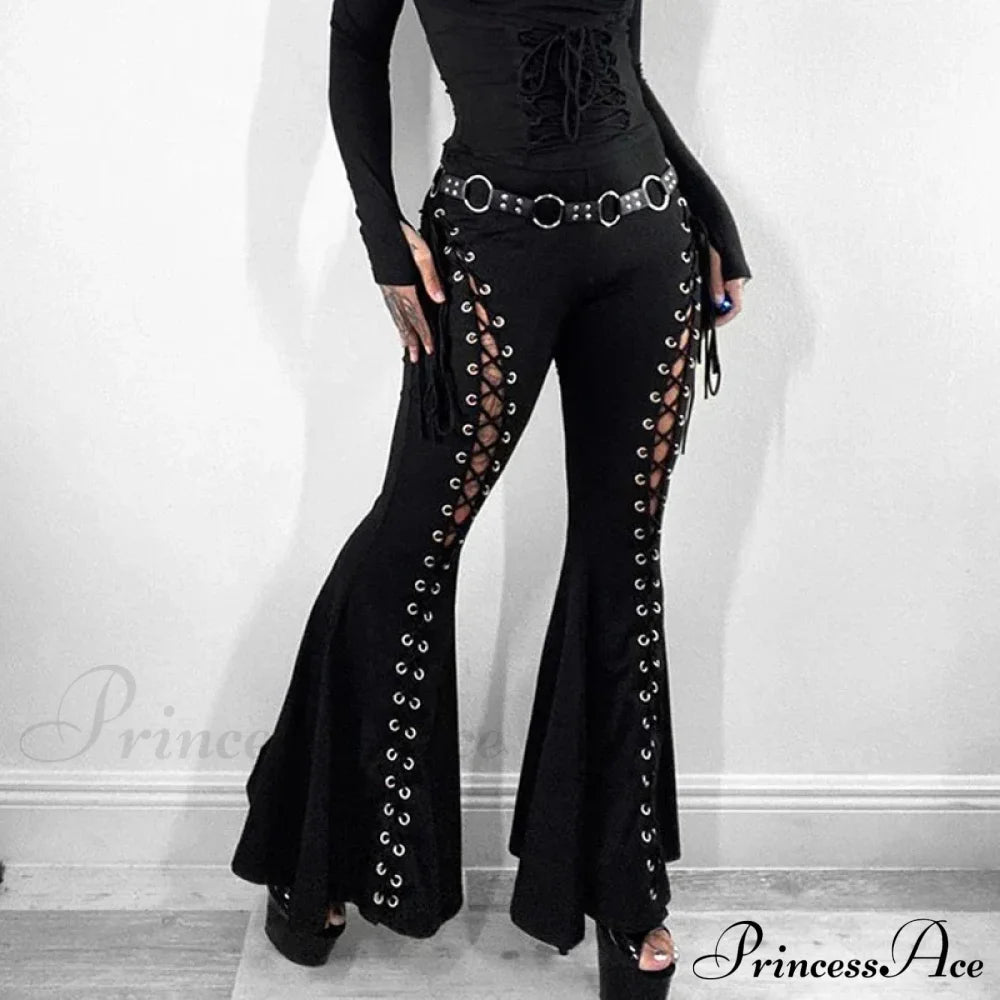 Goth Dark Grunge Streetwear Black Bandage Pants Hollow Flare Halloween