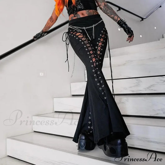 Goth Dark Grunge Streetwear Black Bandage Pants Hollow Flare Halloween