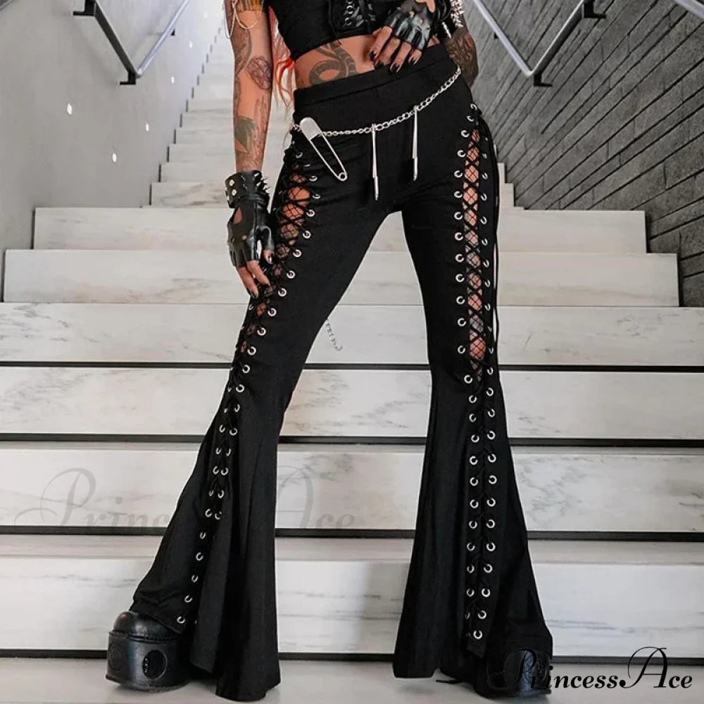 Goth Dark Grunge Streetwear Black Bandage Pants Hollow Flare Halloween