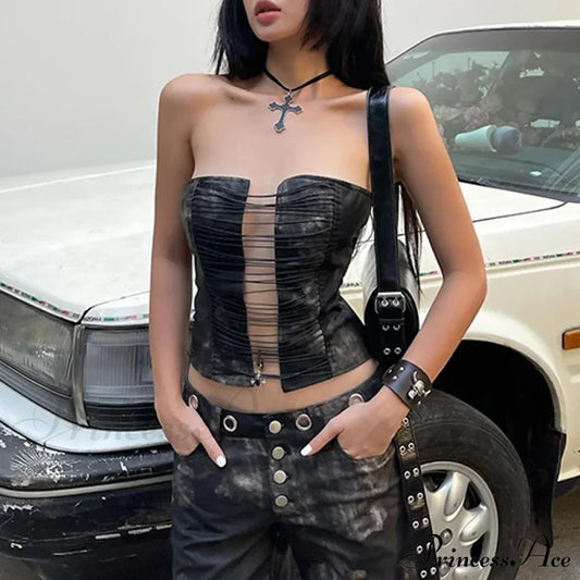 Goth Dark Punk Retro Grunge Strapless Tight Crop Top Black / S Halloween