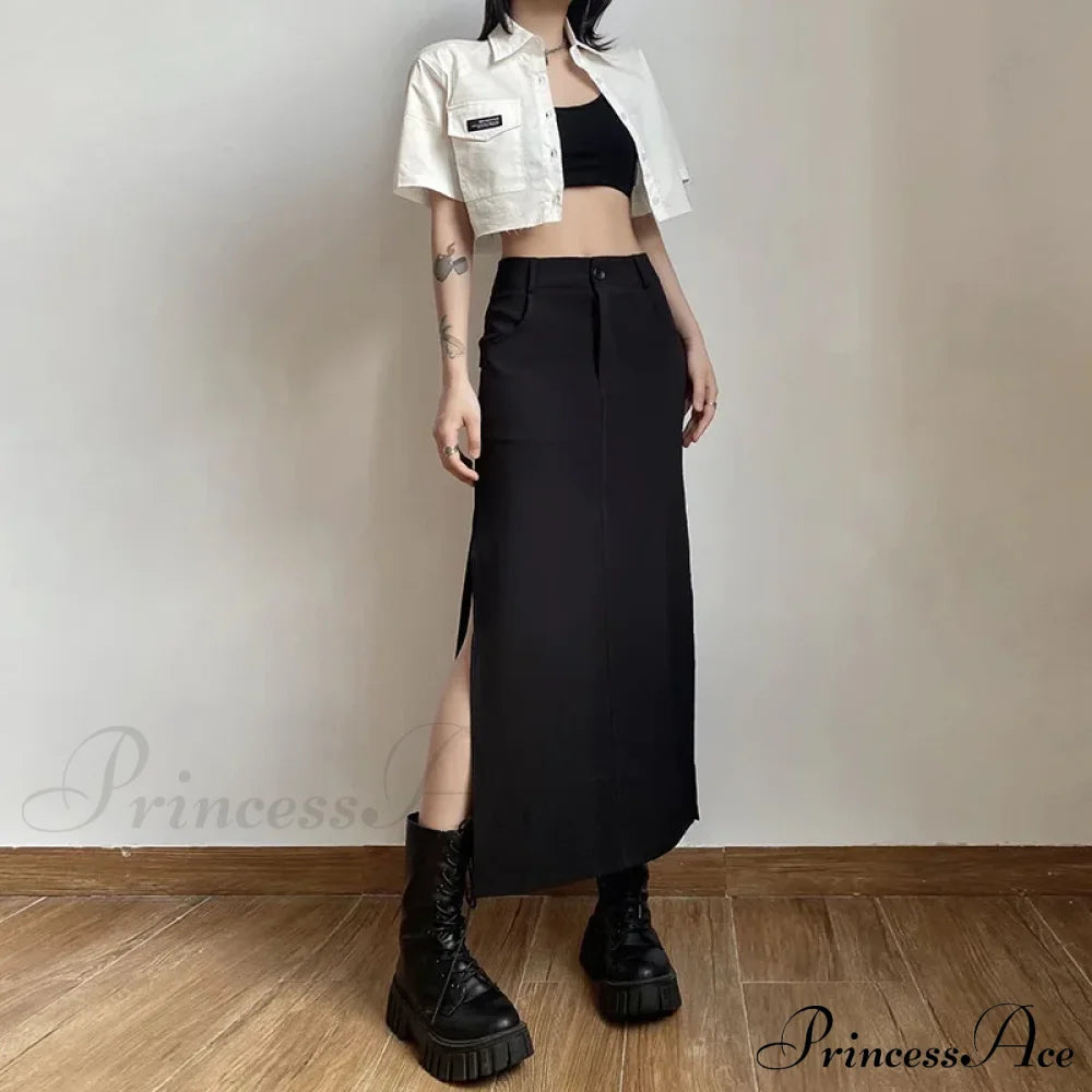 Goth Dark Streetwear Black Y2K Cargo Midi Grunge Gothic Split Sexy High Waist Skirt Halloween