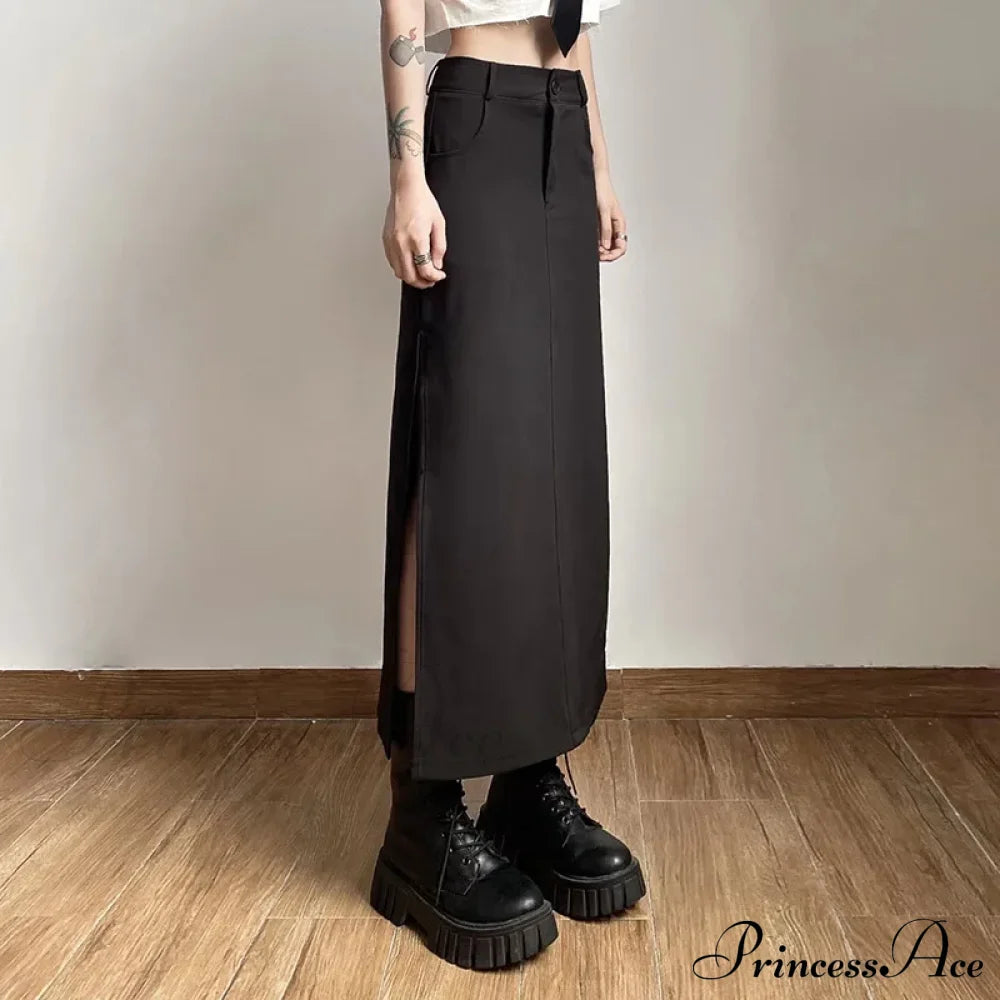 Goth Dark Streetwear Black Y2K Cargo Midi Grunge Gothic Split Sexy High Waist Skirt Halloween