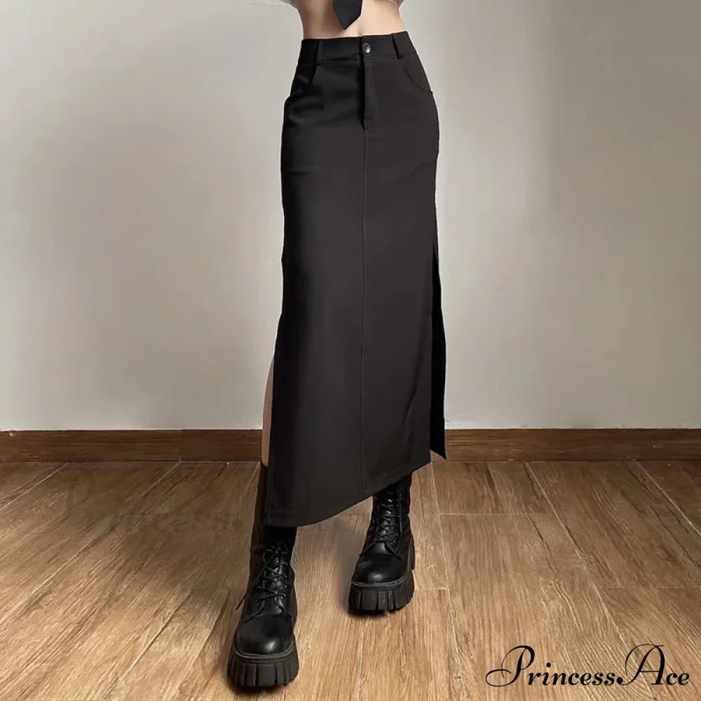 Goth Dark Streetwear Black Y2K Cargo Midi Grunge Gothic Split Sexy High Waist Skirt Halloween