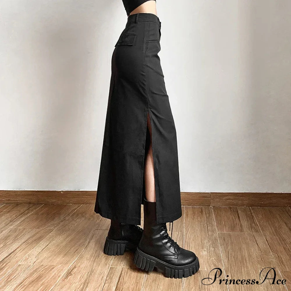 Goth Dark Streetwear Black Y2K Cargo Midi Grunge Gothic Split Sexy High Waist Skirt Halloween