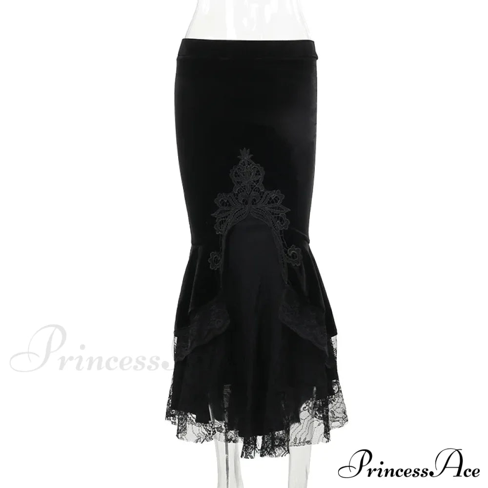 Goth Dark Vintage Mall Gothic Ruffles Mermaid Grunge Aesthetic Lace Hem Midi Women Elegant Skirt