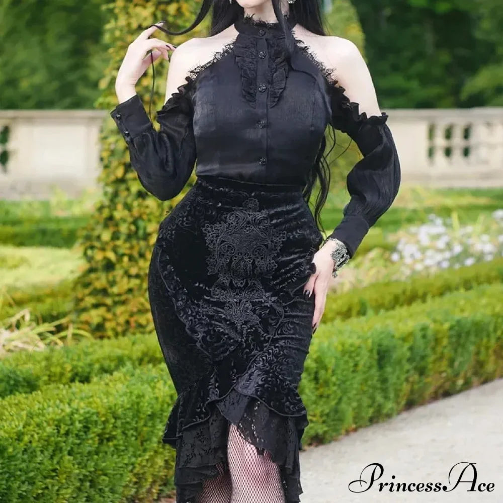 Goth Dark Vintage Mall Gothic Ruffles Mermaid Grunge Aesthetic Lace Hem Midi Women Elegant Skirt