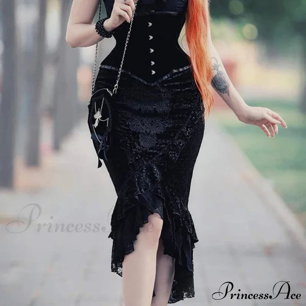 Goth Dark Vintage Mall Gothic Ruffles Mermaid Grunge Aesthetic Lace Hem Midi Women Elegant Skirt