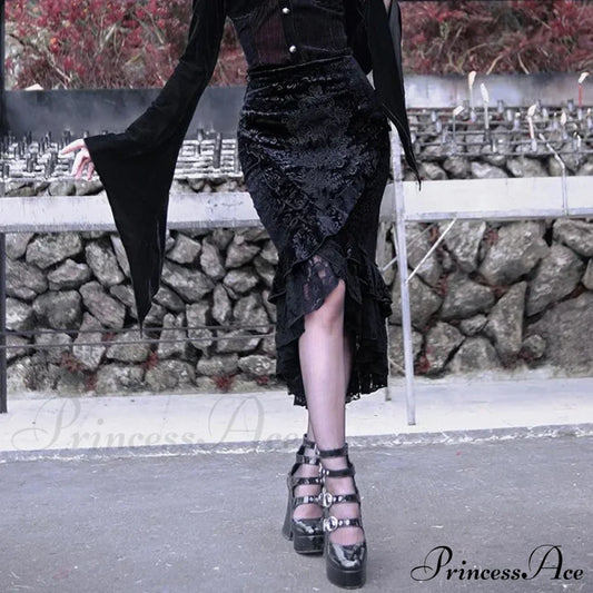 Goth Dark Vintage Mall Gothic Ruffles Mermaid Grunge Aesthetic Lace Hem Midi Women Elegant Skirt