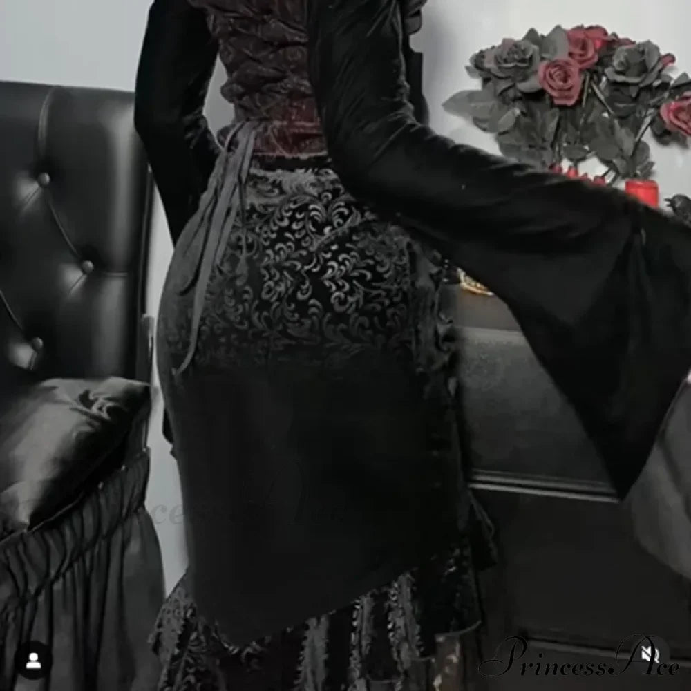 Goth Dark Vintage Mall Gothic Ruffles Mermaid Grunge Aesthetic Lace Hem Midi Women Elegant Skirt