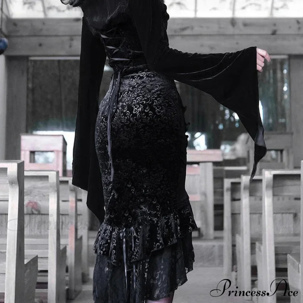 Goth Dark Vintage Mall Gothic Ruffles Mermaid Grunge Aesthetic Lace Hem Midi Women Elegant Skirt