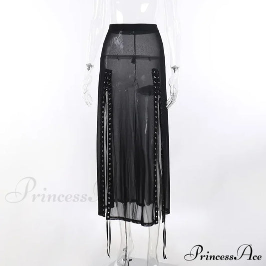 Goth Mesh Perspective Side Slit Lace Up Dark Aesthetical Summer Skirt Black / S Halloween