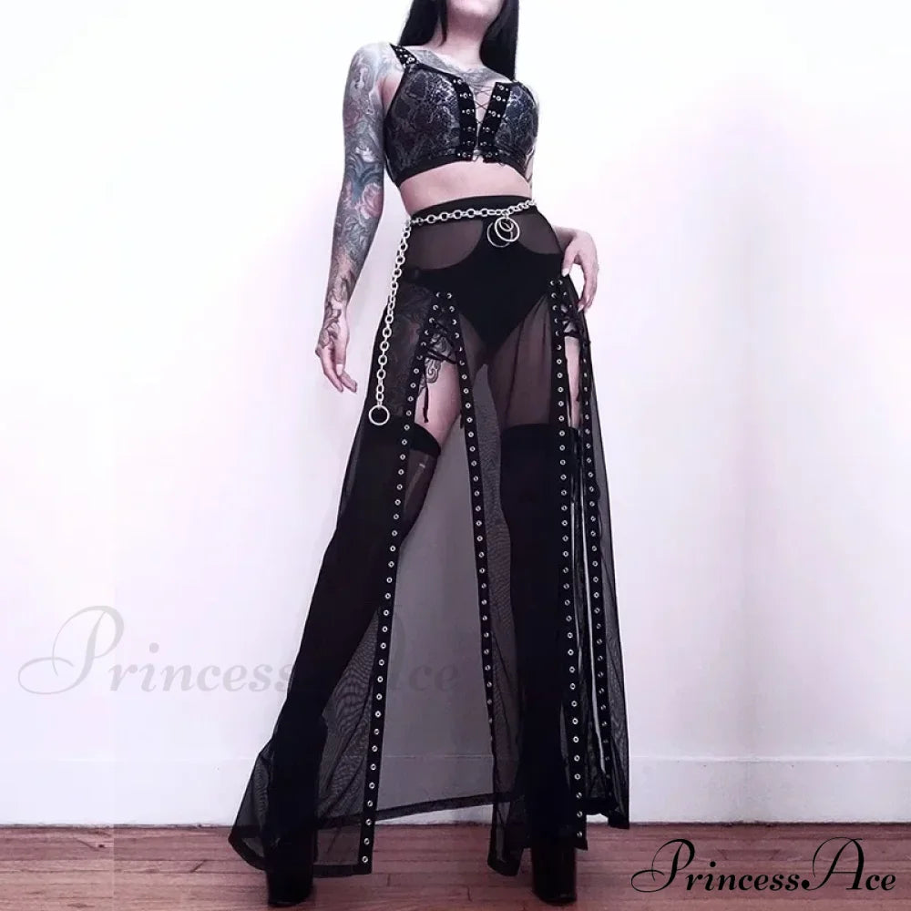 Goth Mesh Perspective Side Slit Lace Up Dark Aesthetical Summer Skirt Halloween