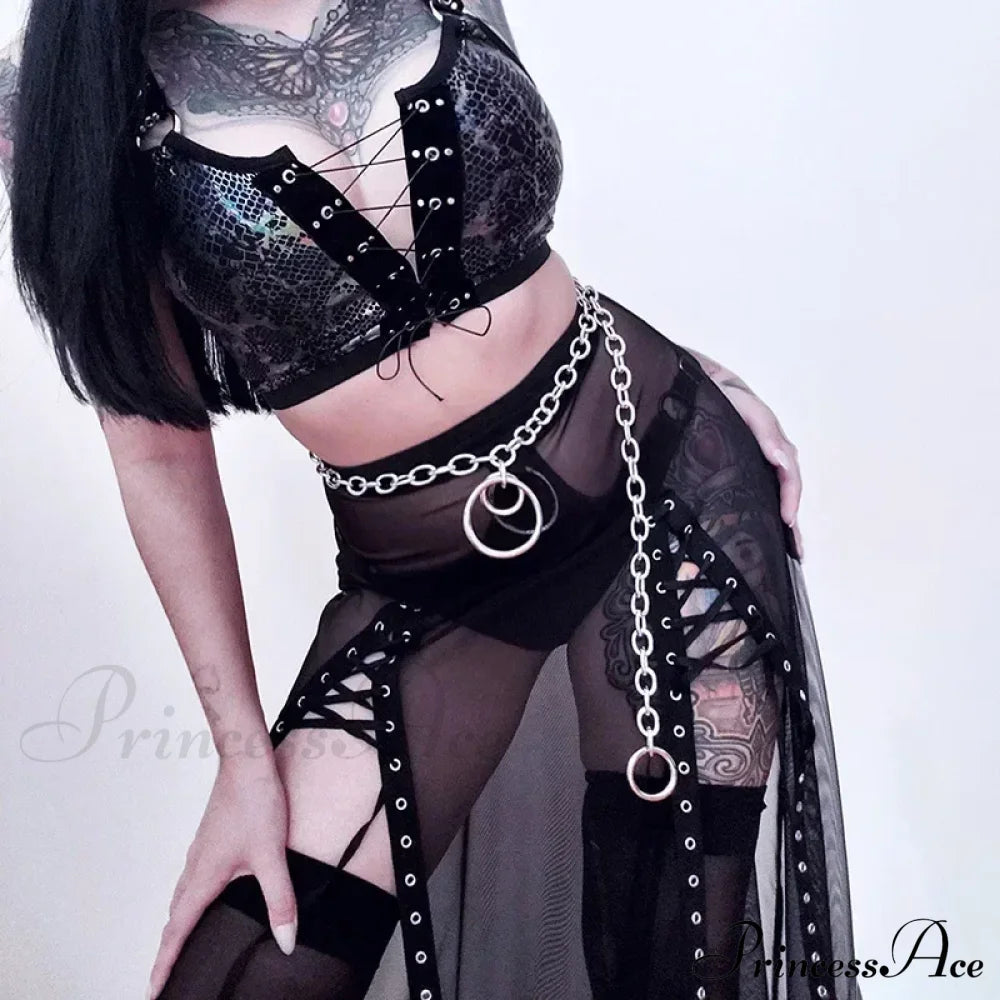 Goth Mesh Perspective Side Slit Lace Up Dark Aesthetical Summer Skirt Halloween