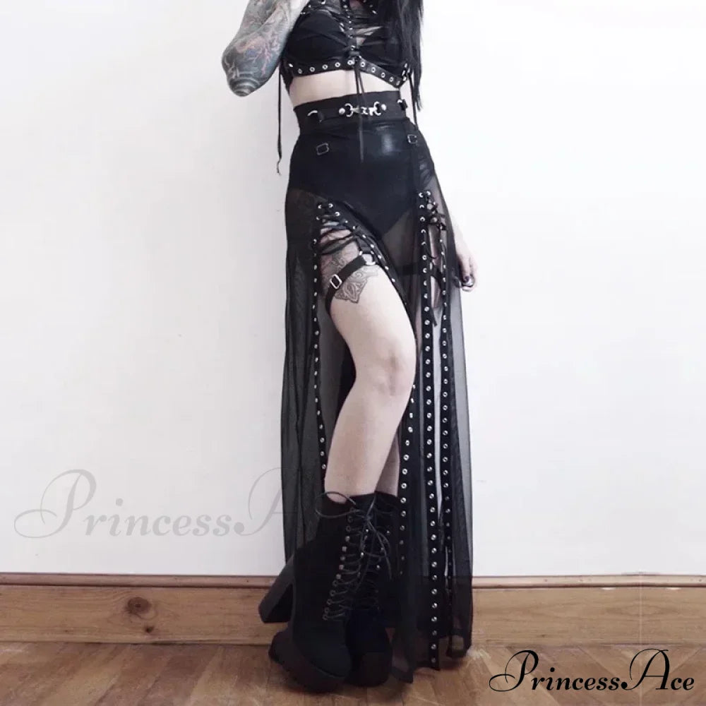 Goth Mesh Perspective Side Slit Lace Up Dark Aesthetical Summer Skirt Halloween