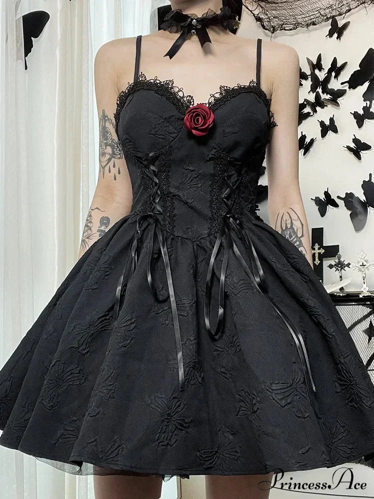 Goth Print Rose Lace Up A Line Fairy Grunge Backless V Neck Summer Party Dress Black / S Halloween