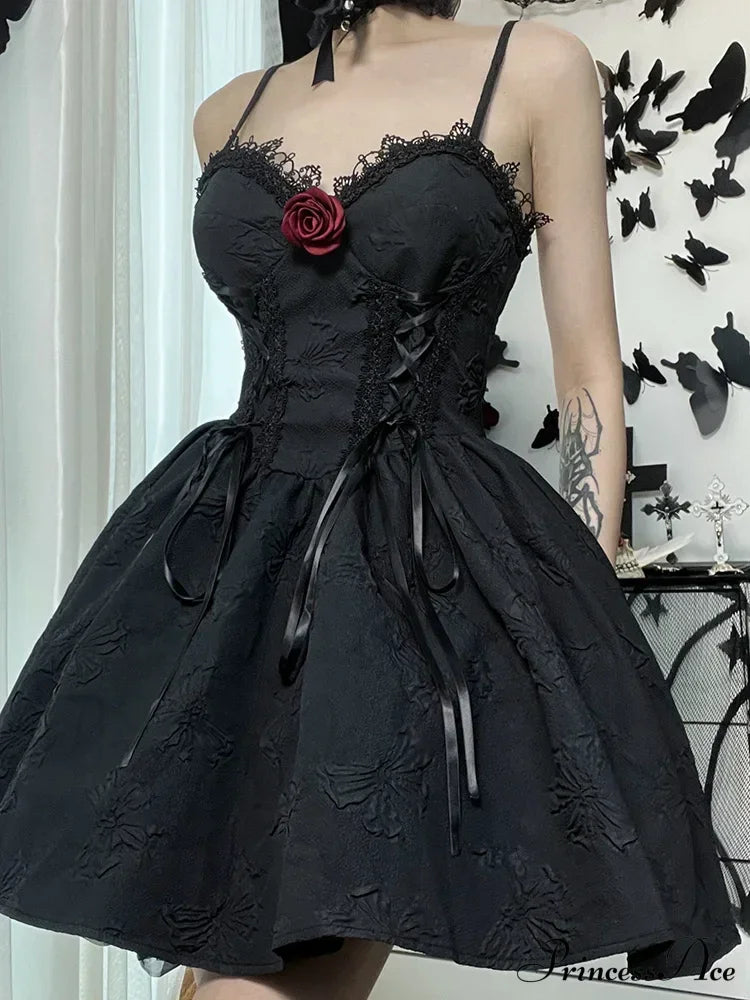 Goth Print Rose Lace Up A Line Fairy Grunge Backless V Neck Summer Party Dress Halloween