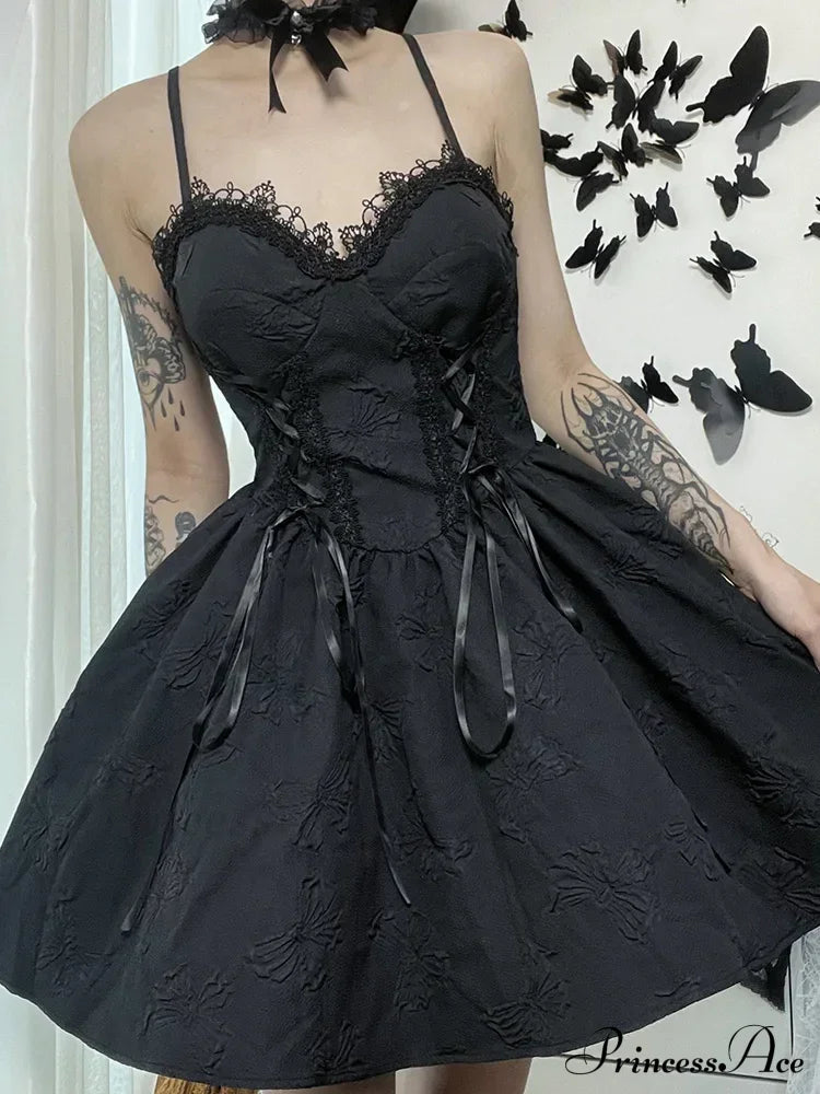 Goth Print Rose Lace Up A Line Fairy Grunge Backless V Neck Summer Party Dress Halloween