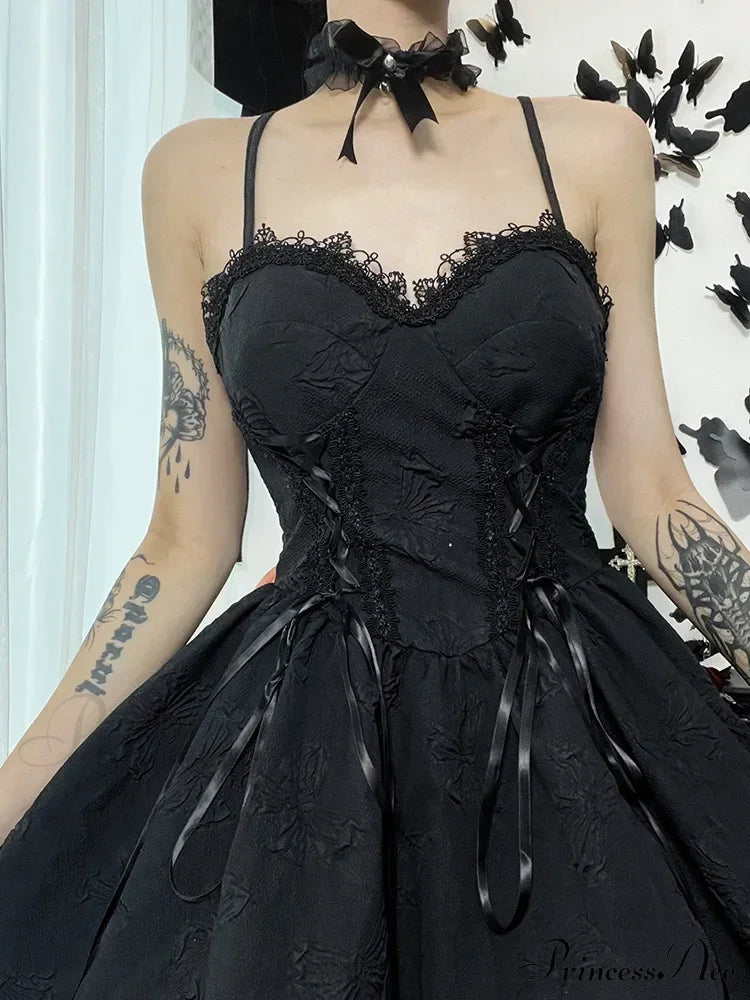 Goth Print Rose Lace Up A Line Fairy Grunge Backless V Neck Summer Party Dress Halloween