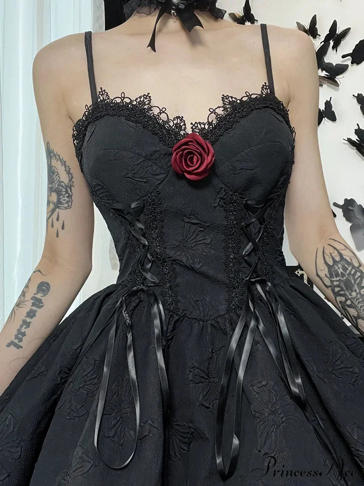 Goth Print Rose Lace Up A Line Fairy Grunge Backless V Neck Summer Party Dress Halloween