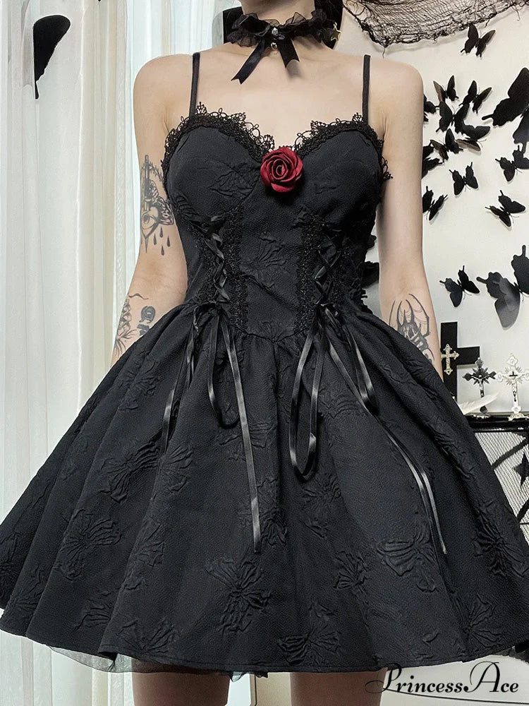 Goth Print Rose Lace Up A Line Fairy Grunge Backless V Neck Summer Party Dress Halloween