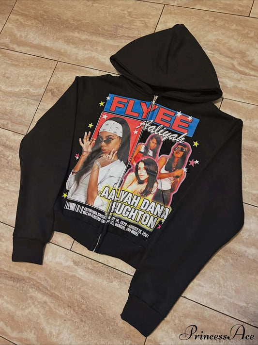 Goth Rock Character Print Loose Hoodie Black / S