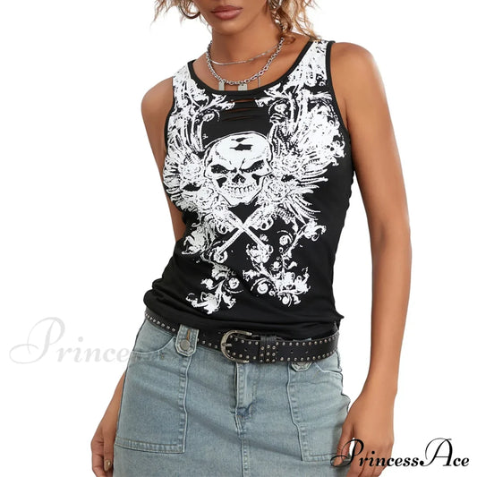 Goth Tank Fairy Grunge Skull Print Hollow-Out Sleeveless Summer Running Crop Top Black / S Halloween