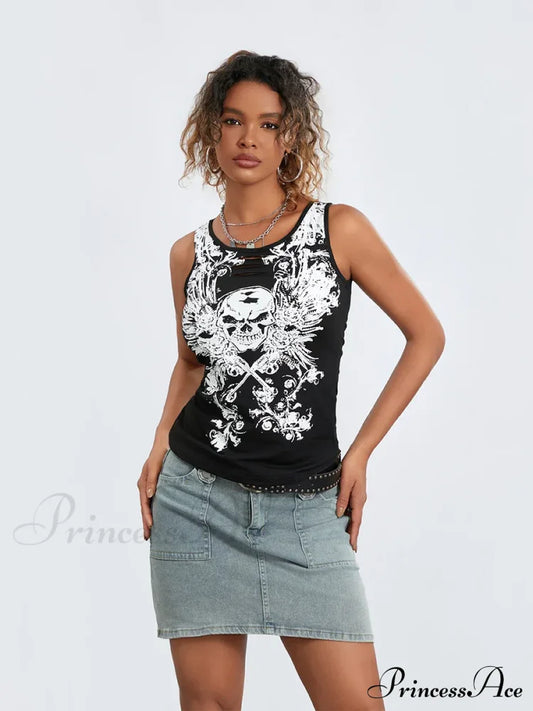 Goth Tank Fairy Grunge Skull Print Hollow-Out Sleeveless Summer Running Crop Top Halloween