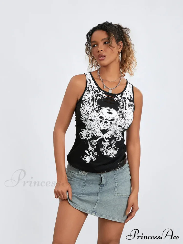 Goth Tank Fairy Grunge Skull Print Hollow-Out Sleeveless Summer Running Crop Top Halloween