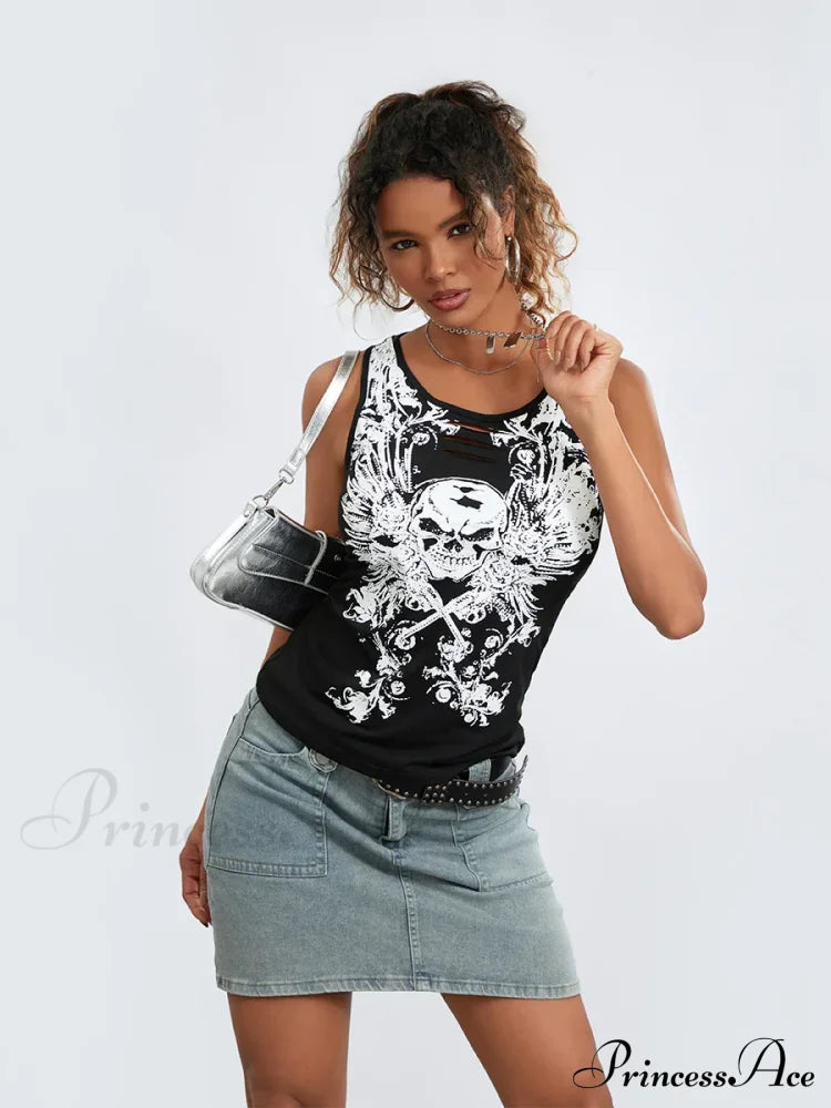 Goth Tank Fairy Grunge Skull Print Hollow-Out Sleeveless Summer Running Crop Top Halloween