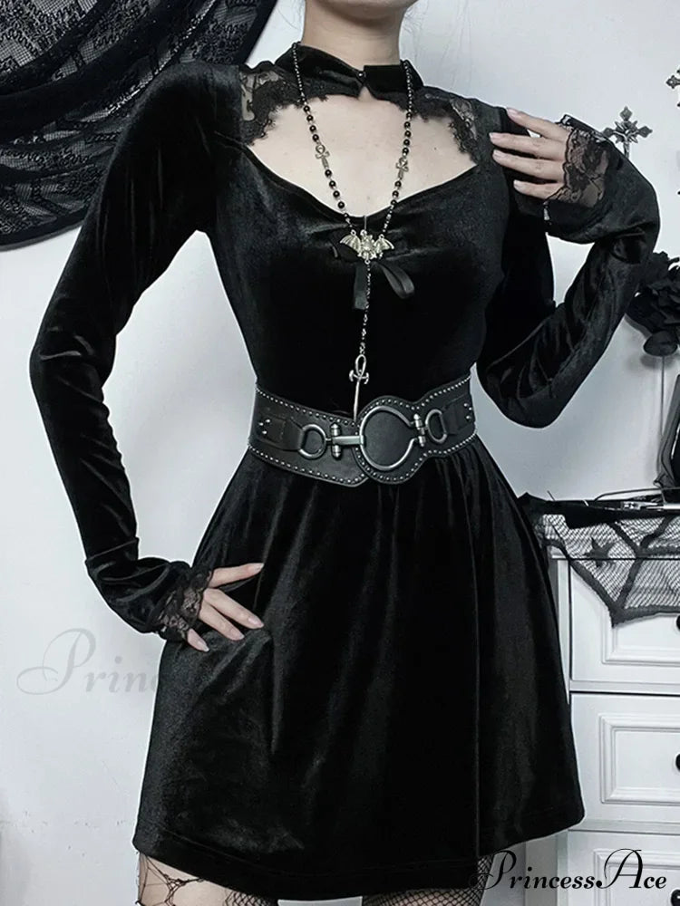 Goth Women’s Solid Long Sleeve High Waist A Line Flowy Velvet Hollow Out Lace Dress