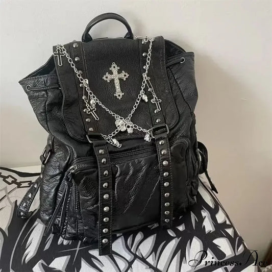 Goth Y2K Black Punk Rivet Chain Skeleton Fashion Women Backpack Bag / 40X35Cm Halloween