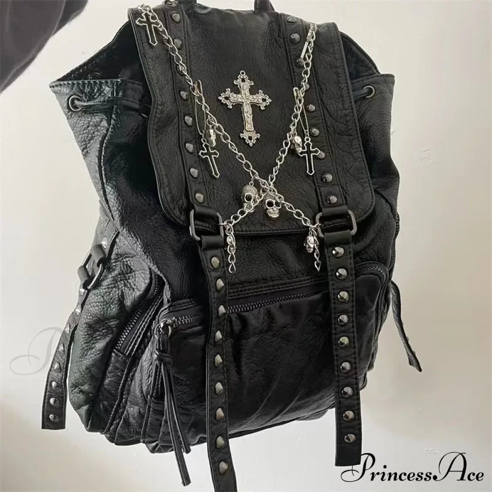 Goth Y2K Black Punk Rivet Chain Skeleton Fashion Women Backpack Bag Halloween