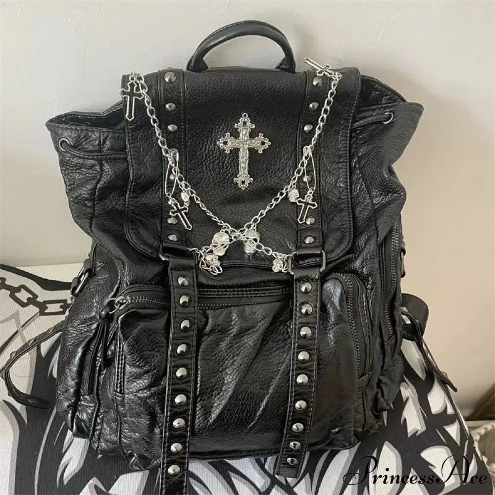 Goth Y2K Black Punk Rivet Chain Skeleton Fashion Women Backpack Bag Halloween