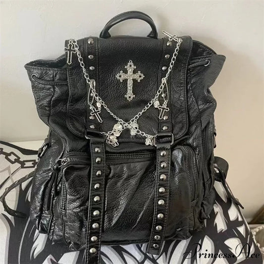 Goth Y2K Black Punk Rivet Chain Skeleton Fashion Women Backpack Bag Halloween