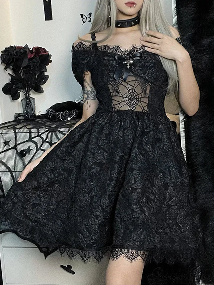 Goth Y2K Fairy Grunge Aesthetic Lace Pattern Spider Web See Through Jacquard Off Shoulder Dress