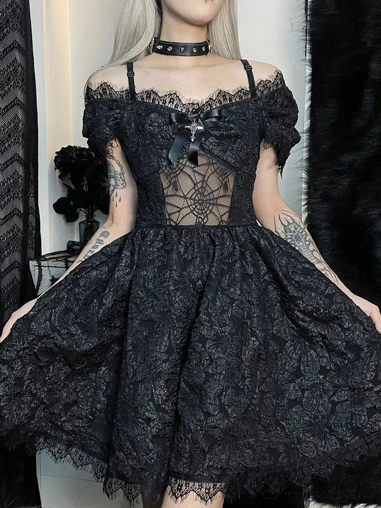 Goth Y2K Fairy Grunge Aesthetic Lace Pattern Spider Web See Through Jacquard Off Shoulder Dress