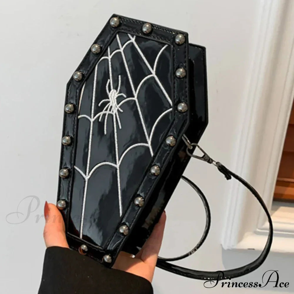 Gothic Adjustable Spider Coffin Shape Mobile Phone Y2K Halloween Women Satchel Purse Bag Black2