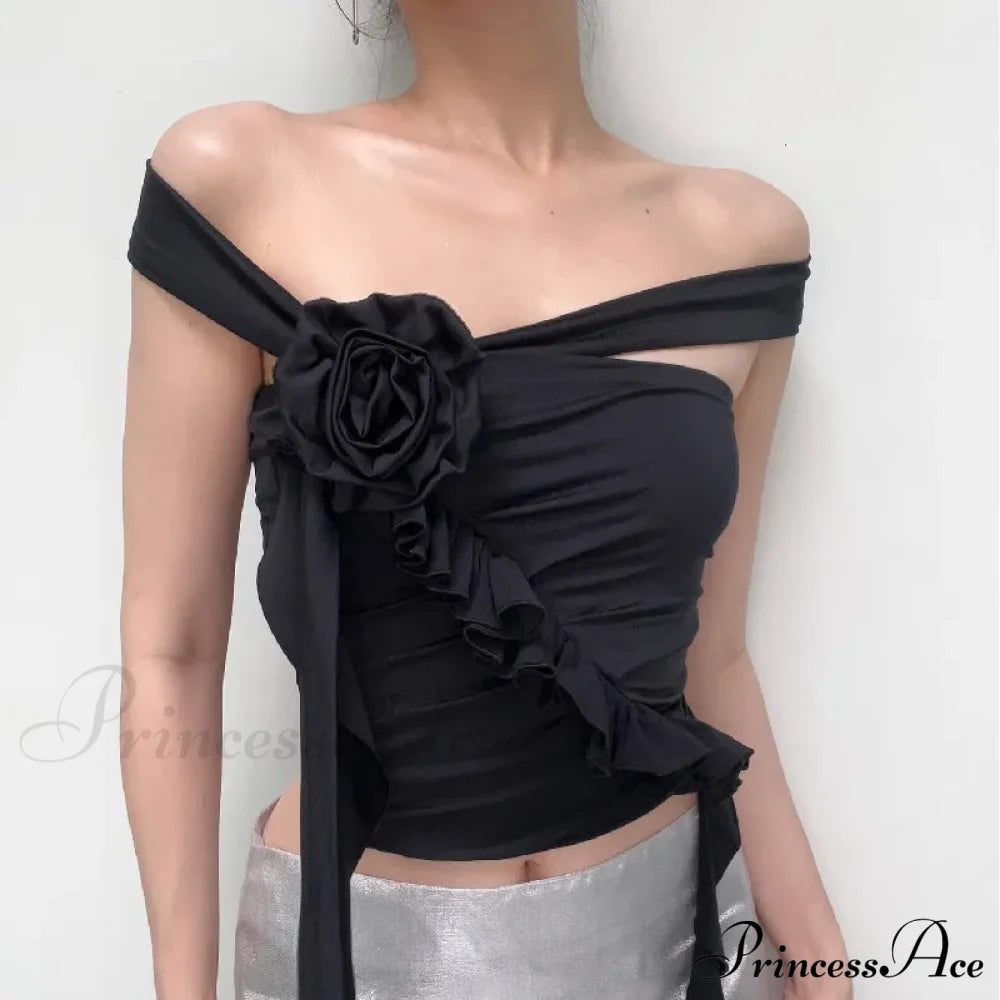 Gothic Backless Aesthetic Flower Ruffles Off Shoulder Crop Top Black / S Halloween