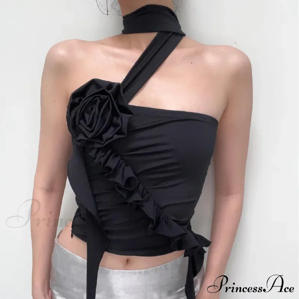 Gothic Backless Aesthetic Flower Ruffles Off Shoulder Crop Top Halloween