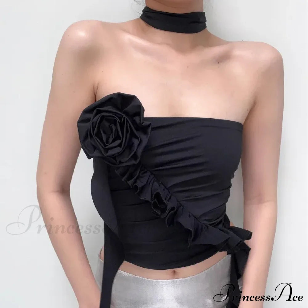 Gothic Backless Aesthetic Flower Ruffles Off Shoulder Crop Top Halloween