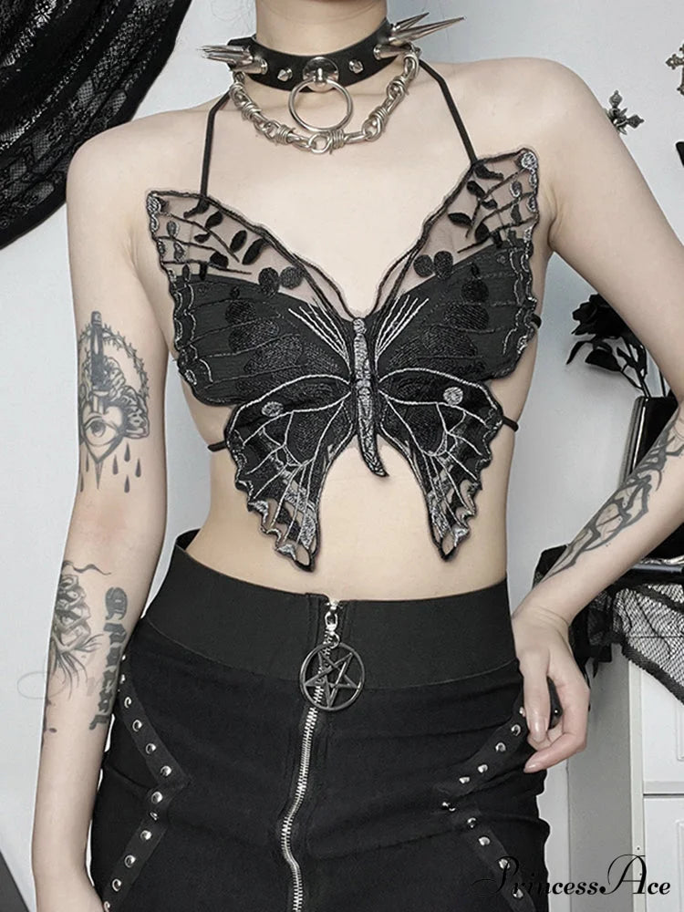 Gothic Backless Hollow Out Lace Butterfly Summer Streetwear Crop Top Halloween