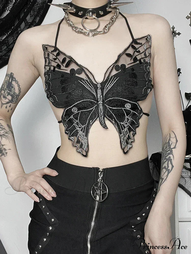 Gothic Backless Hollow Out Lace Butterfly Summer Streetwear Crop Top Halloween