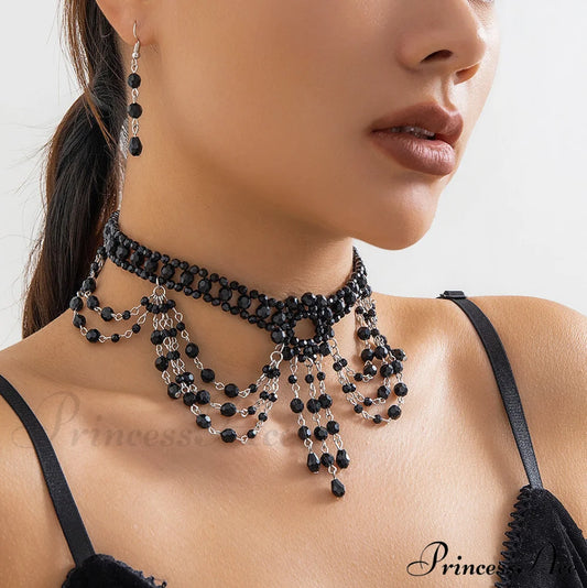 Gothic Beaded Woven Crystal Choker Necklace Halloween